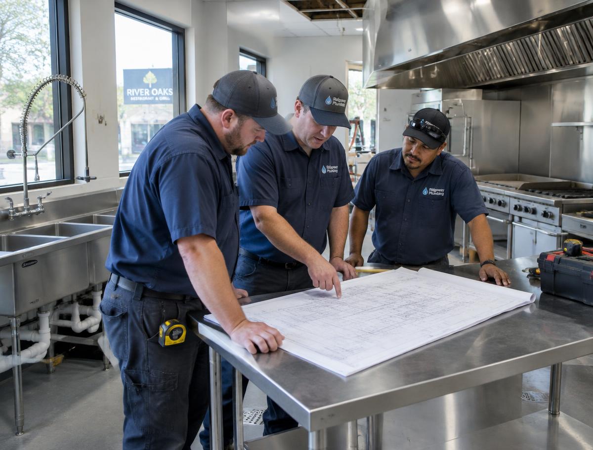Torbridge plumbers reviewing blueprints in a commercial kitchen